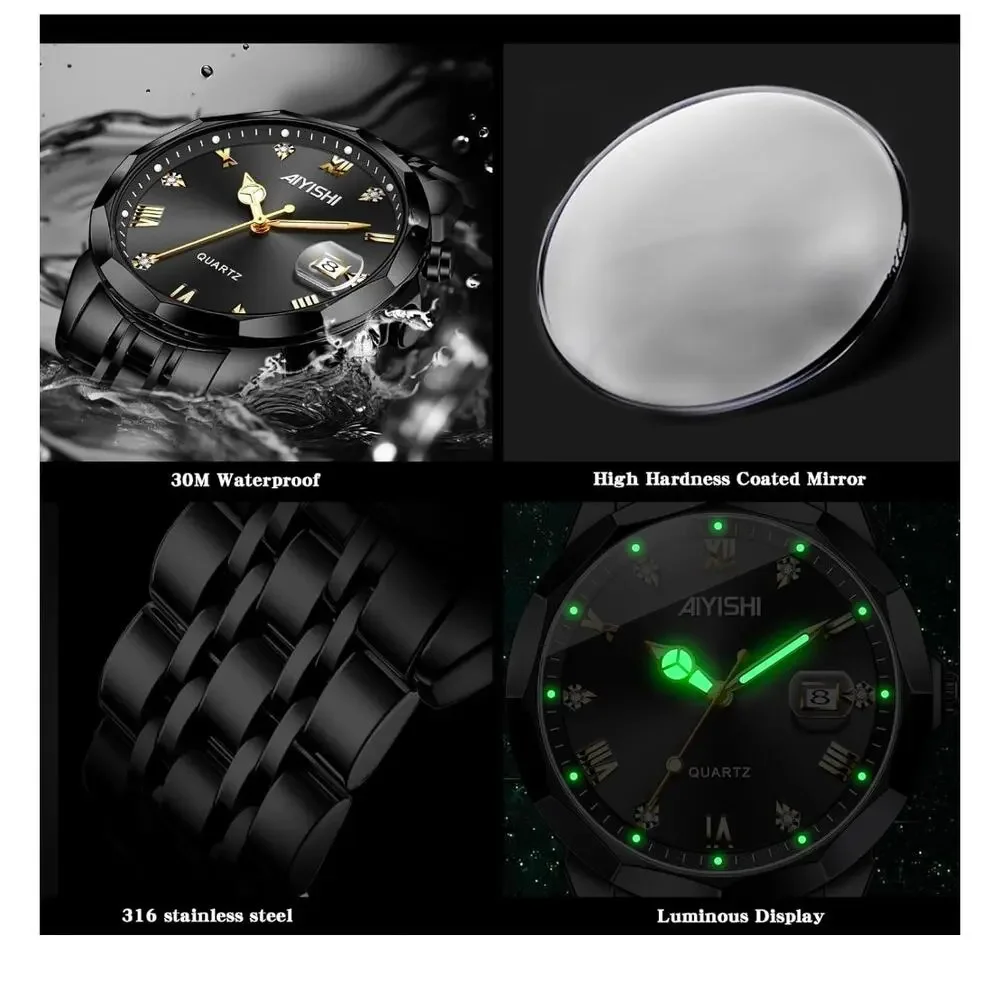 Men's Watch Stainless Steel Analog Quartz, Roman Numerals, Waterproof, Black